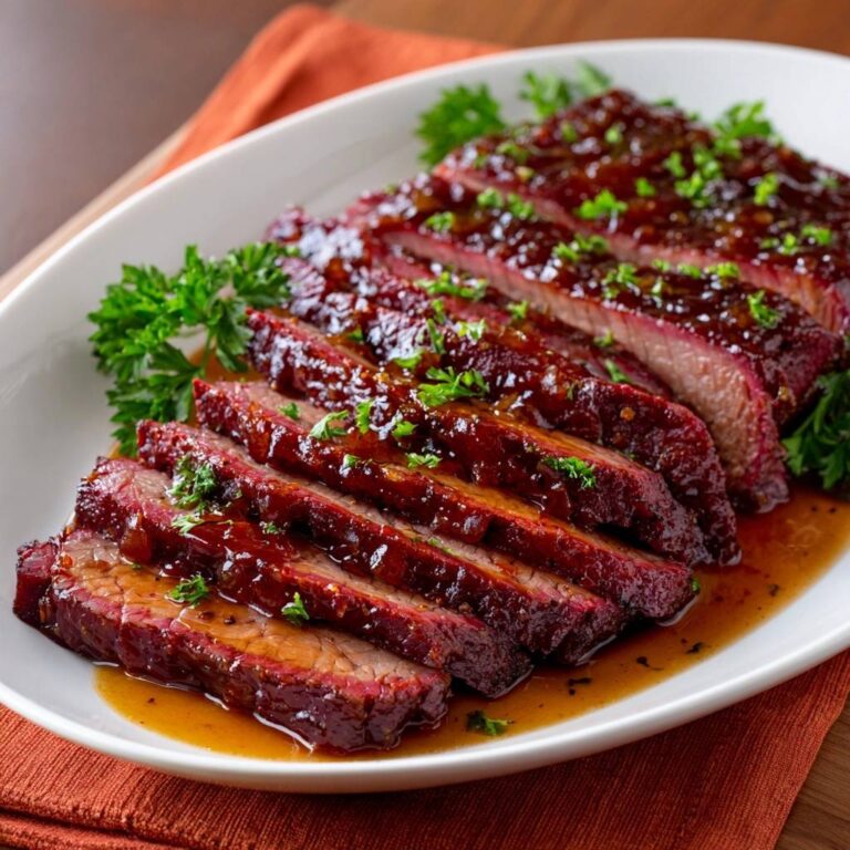 Saftiges BBQ-Rinderbrust-Filet angeschnitten und glasiert, mit frischer Petersilie garniert auf einem weißen Teller.