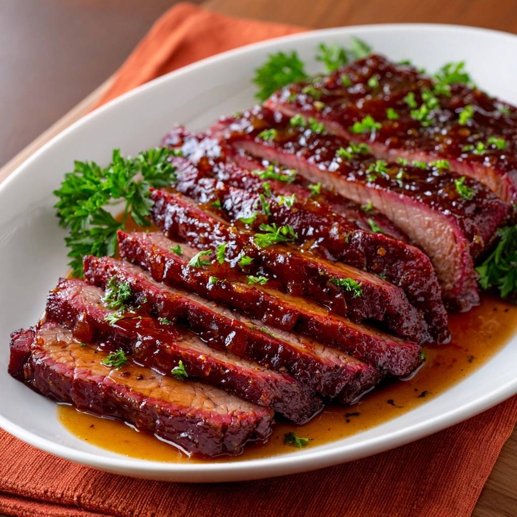 Saftiges BBQ-Rinderbrust-Filet angeschnitten und glasiert, mit frischer Petersilie garniert auf einem weißen Teller.