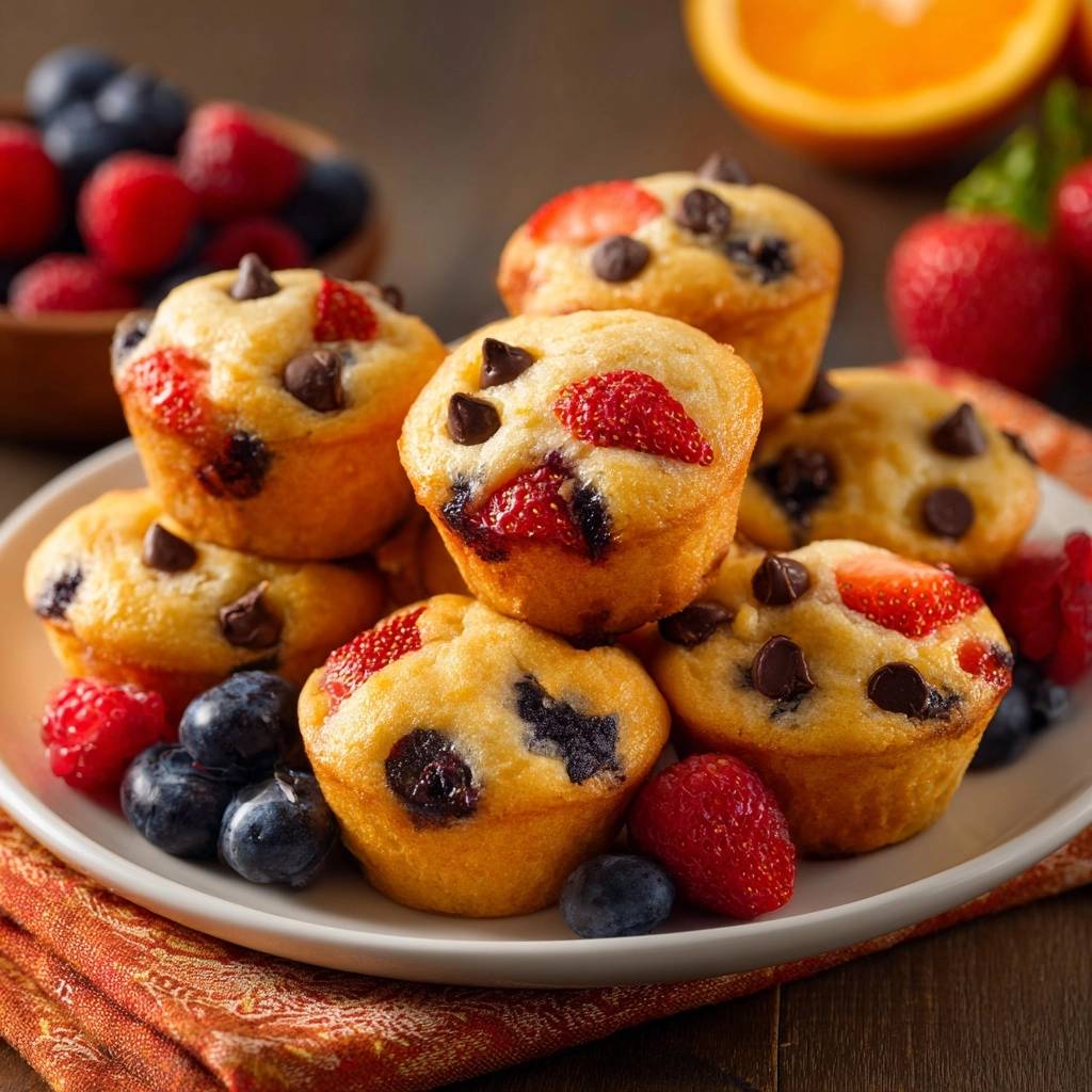 Beeren-Schoko-Mini-Muffins mit sichtbaren Früchten und Schokostückchen, nahaufnahme auf einem Teller gestapelt.