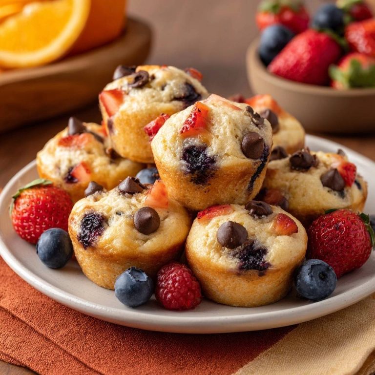Beeren-Schoko-Mini-Muffins, nahaufnahme von einem Stapel fluffiger Muffins mit frischen Erdbeeren und Blaubeeren garniert.