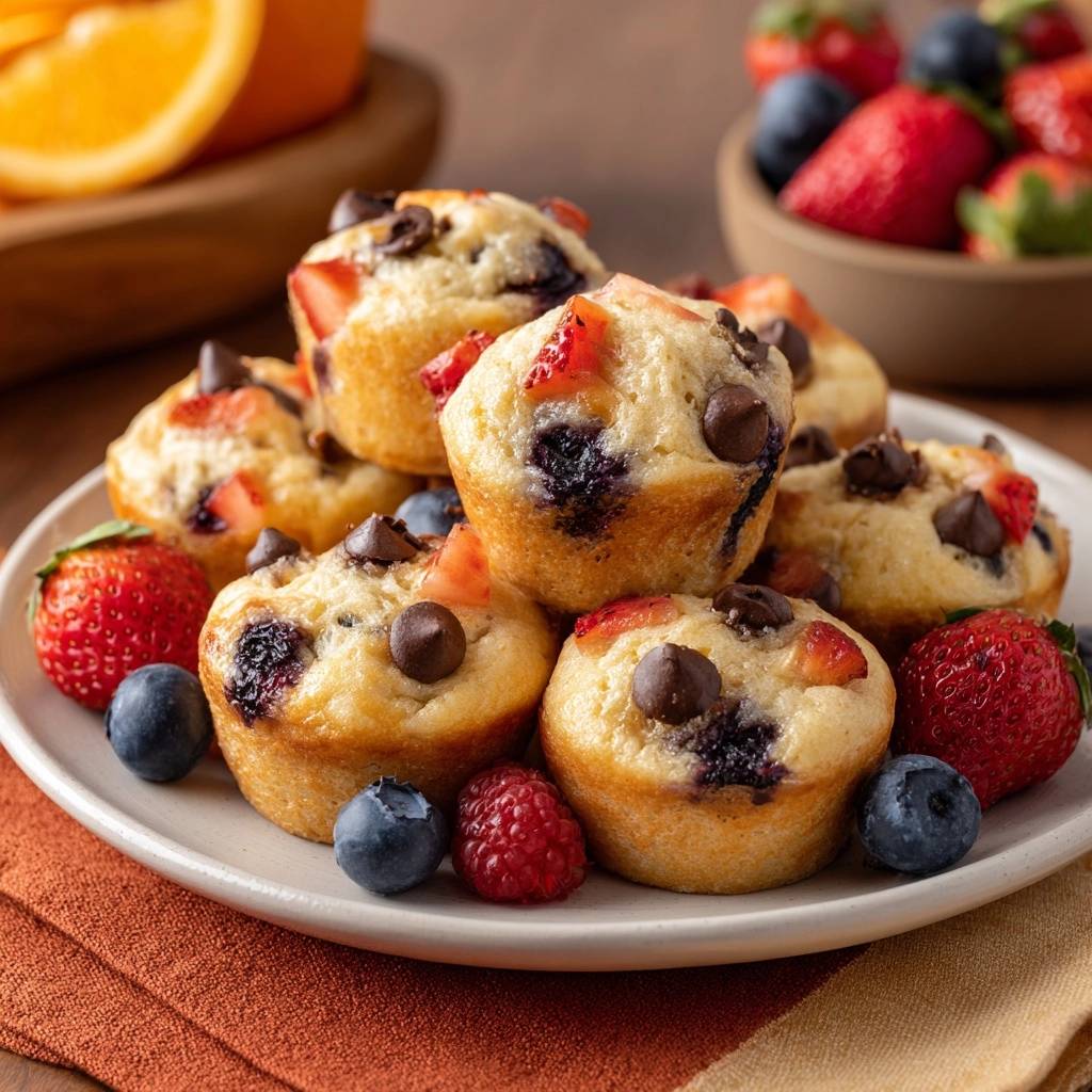 Beeren-Schoko-Mini-Muffins, nahaufnahme von einem Stapel fluffiger Muffins mit frischen Erdbeeren und Blaubeeren garniert.