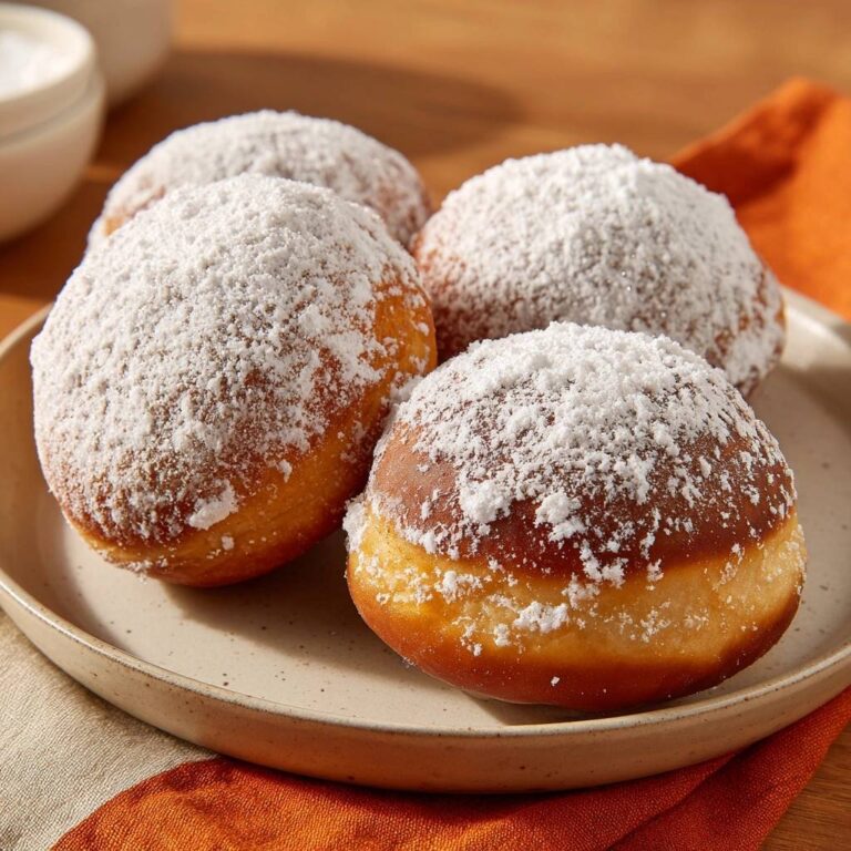 Fluffige Berliner Pfannkuchen mit Puderzucker, Nahaufnahme auf einem Teller mit einem orangen Tuch