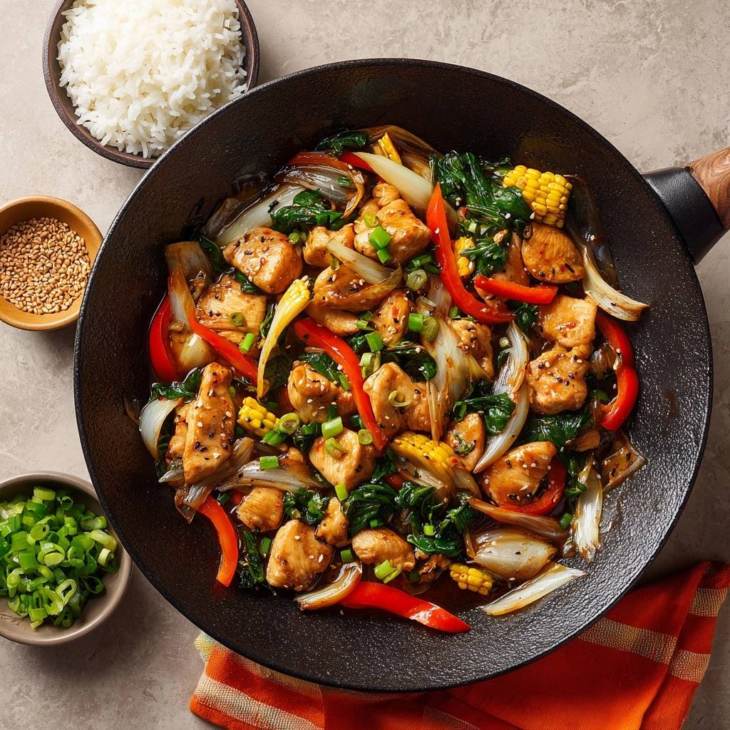 Bunte Hähnchen-Gemüse-Pfanne im Wok von oben mit Reis, Sesam und Frühlingszwiebeln daneben serviert.