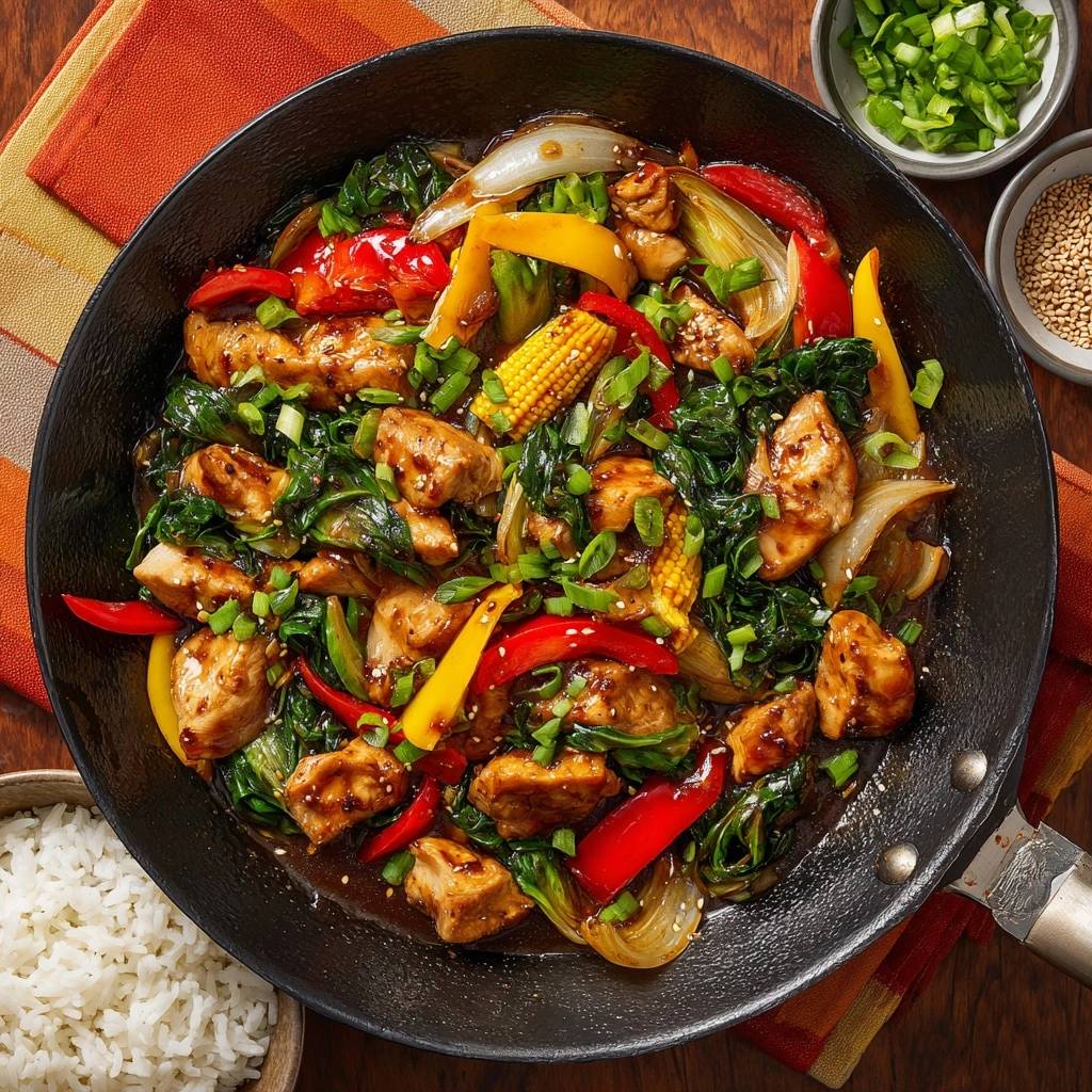 Bunte Hähnchen-Gemüse-Pfanne als Draufsicht mit Hähnchenstücken, Paprika, Mais und Frühlingszwiebeln in einer Pfanne.