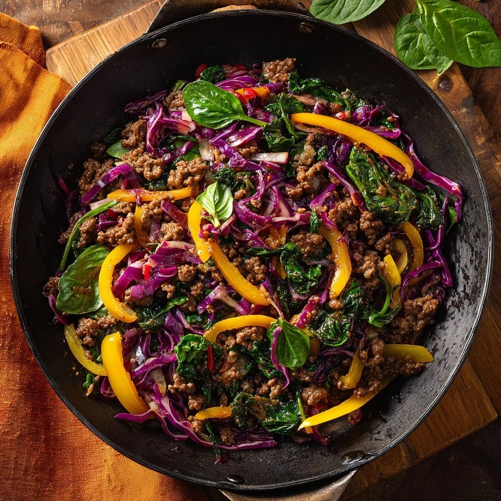 Bunte Rindfleisch-Pfanne mit Rotkohl als Draufsicht in einer schwarzen Pfanne mit gelben Paprikastreifen und frischem Spinat.