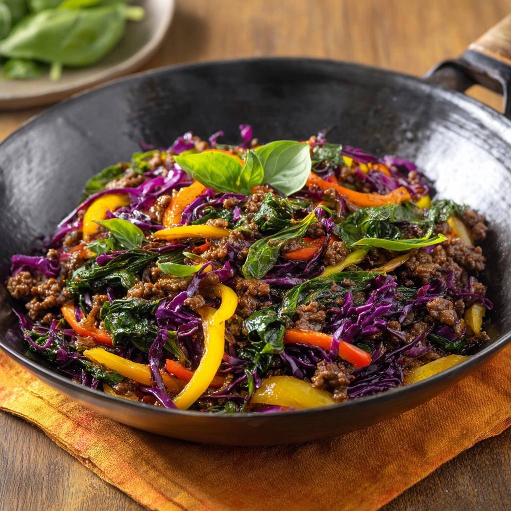 Bunte Rindfleisch-Pfanne mit Rotkohl, nah aufgenommen in einem Wok mit frischen Basilikumblättern garniert.