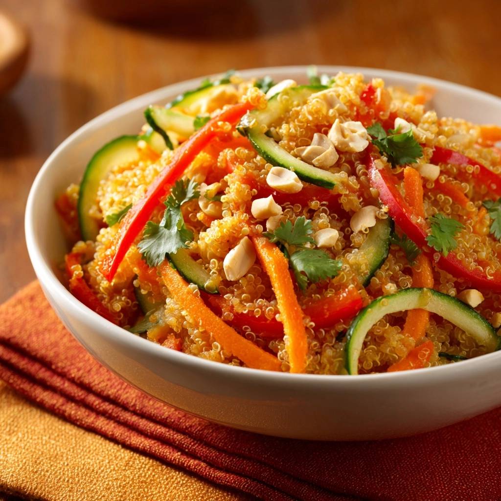 Bunter Quinoa-Salat mit Knusper-Gemüse, garniert mit gehackten Erdnüssen und frischer Koriander.
