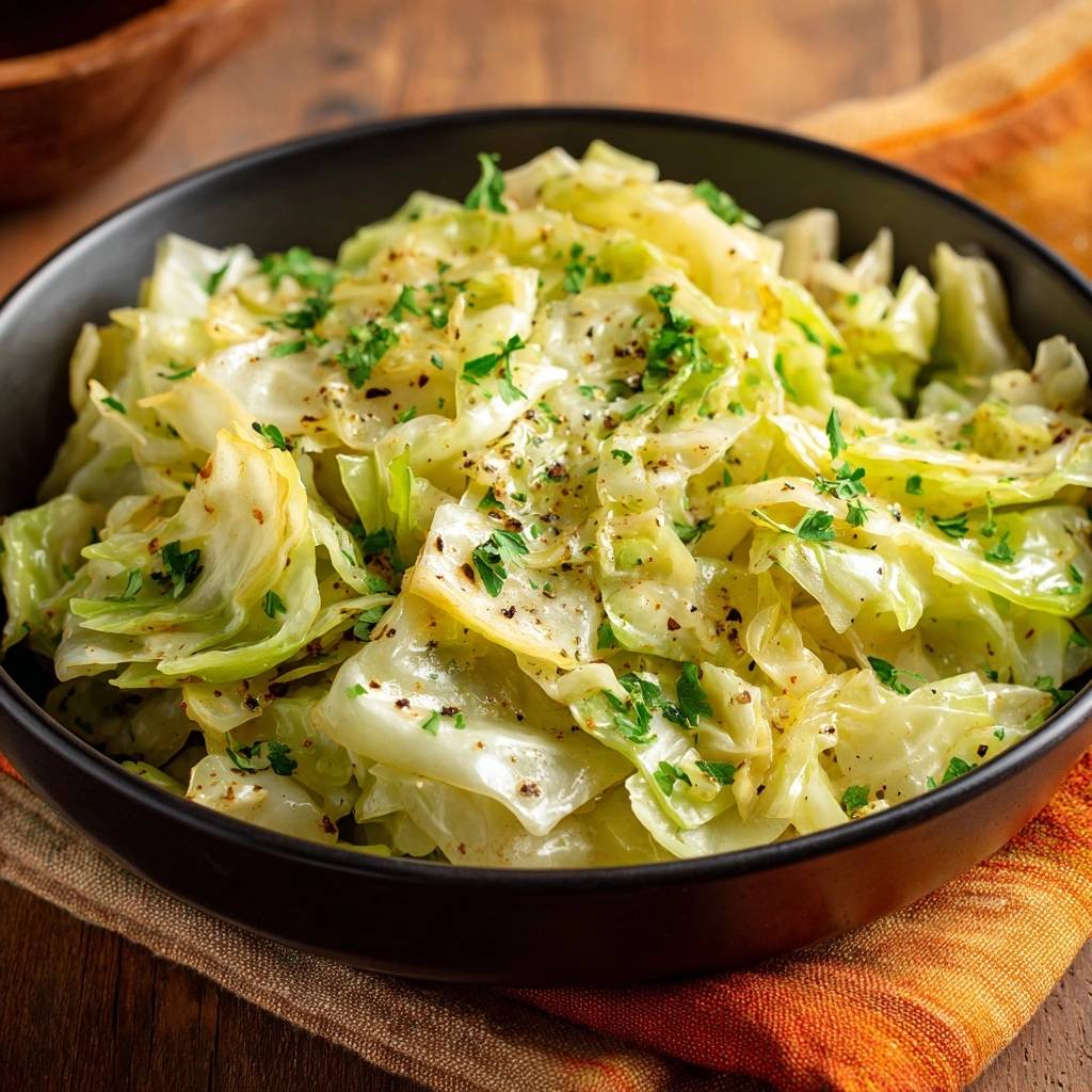 Butterzarter Schmor-Kohl, eine Schüssel mit zartem, gedünstetem Kohl, garniert mit frischer Petersilie und schwarzem Pfeffer.