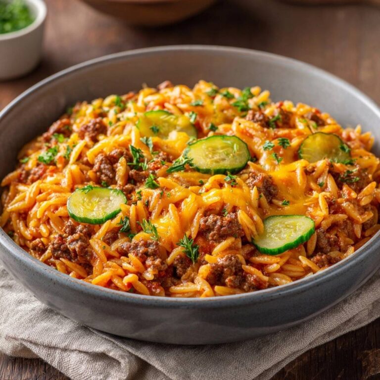 Cremige Cheeseburger-Orzo-Pfanne mit geschmolzenem Käse und frischen Gurkenscheiben, garniert mit Petersilie.