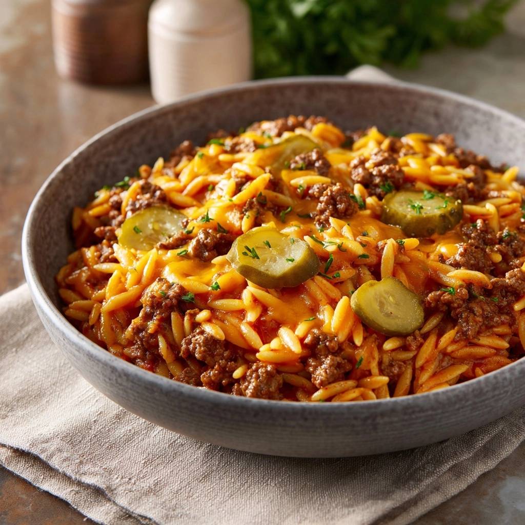 Cremige Cheeseburger-Orzo-Pfanne mit geschmolzenem Käse und Dillgurkenscheiben, serviert in einer Schüssel.