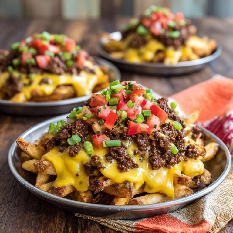 Ultimative Chili-Cheese-Fries mit geschmolzenem Käse, Hackfleisch und Tomaten, serviert auf drei Tellern in Nahaufnahme.