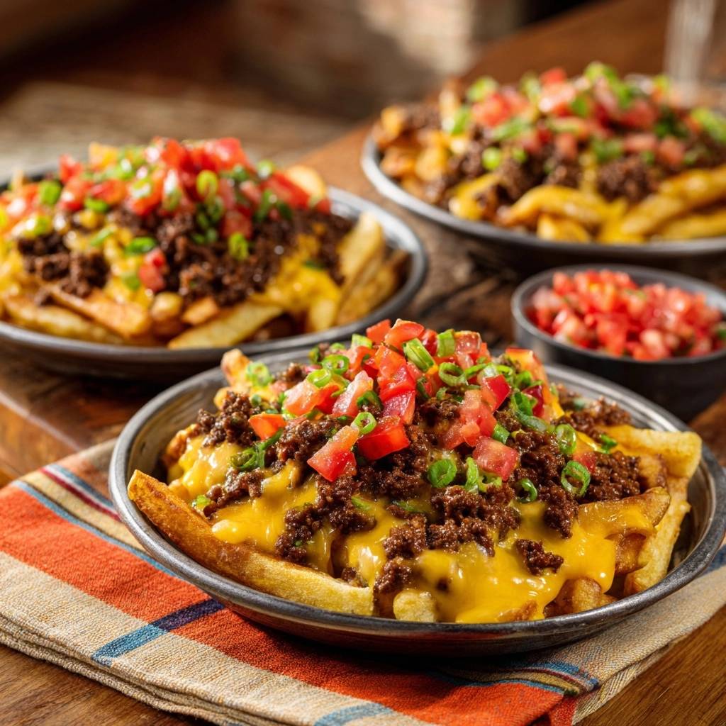 Ultimative Chili-Cheese-Fries mit geschmolzenem Käse, Hackfleisch und Tomaten, nahaufnahme garniert