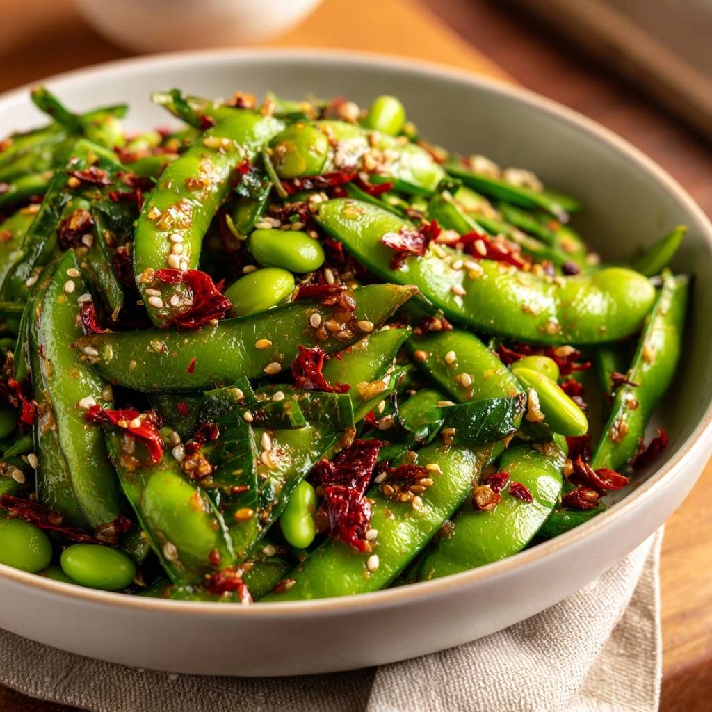 Würzige Chili-Knoblauch-Edamame, Nahaufnahme der leuchtend grünen Schoten mit roten Chiliflocken und Sesamkörnern, garniert.