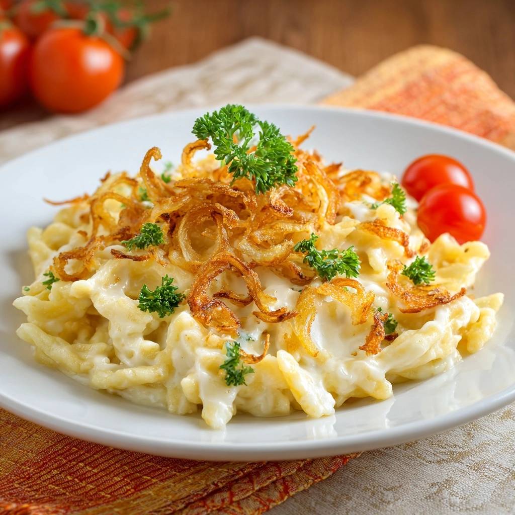 Cremige Allgäuer Käsespätzle mit Röstzwiebeln und Petersilie auf einem weißen Teller garniert serviert.