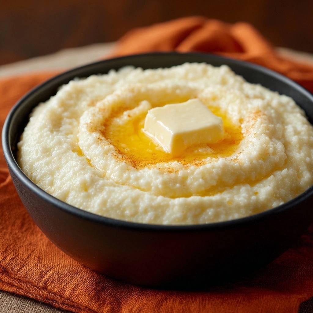 Cremige Butter-Grits mit einem Stück Butter und Zimt bestreut, Detailaufnahme der Textur.