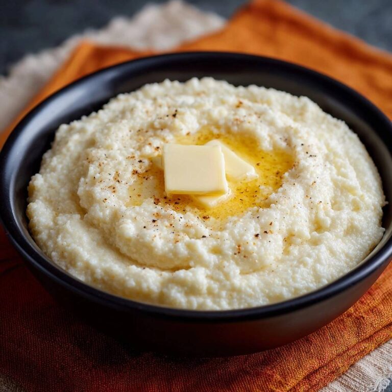 Cremige Butter-Grits mit geschmolzener Butter und einer Prise Gewürzen, Nahaufnahme der Textur in einer schwarzen Schüssel.