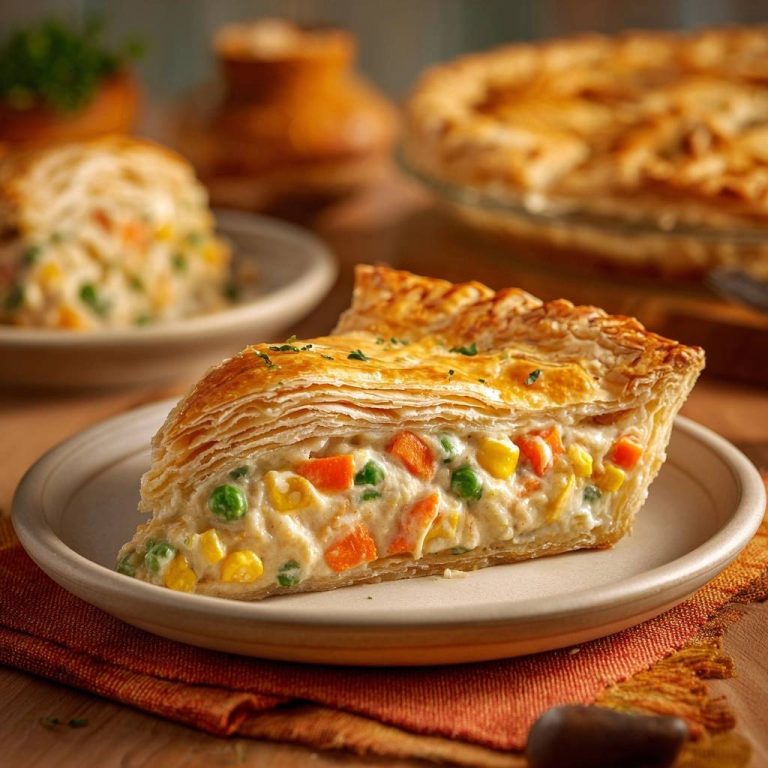 Cremiger Hähnchen-Gemüse-Pie mit einem Anschnitt, der die reichhaltige Füllung aus Hähnchen und Gemüse zeigt.