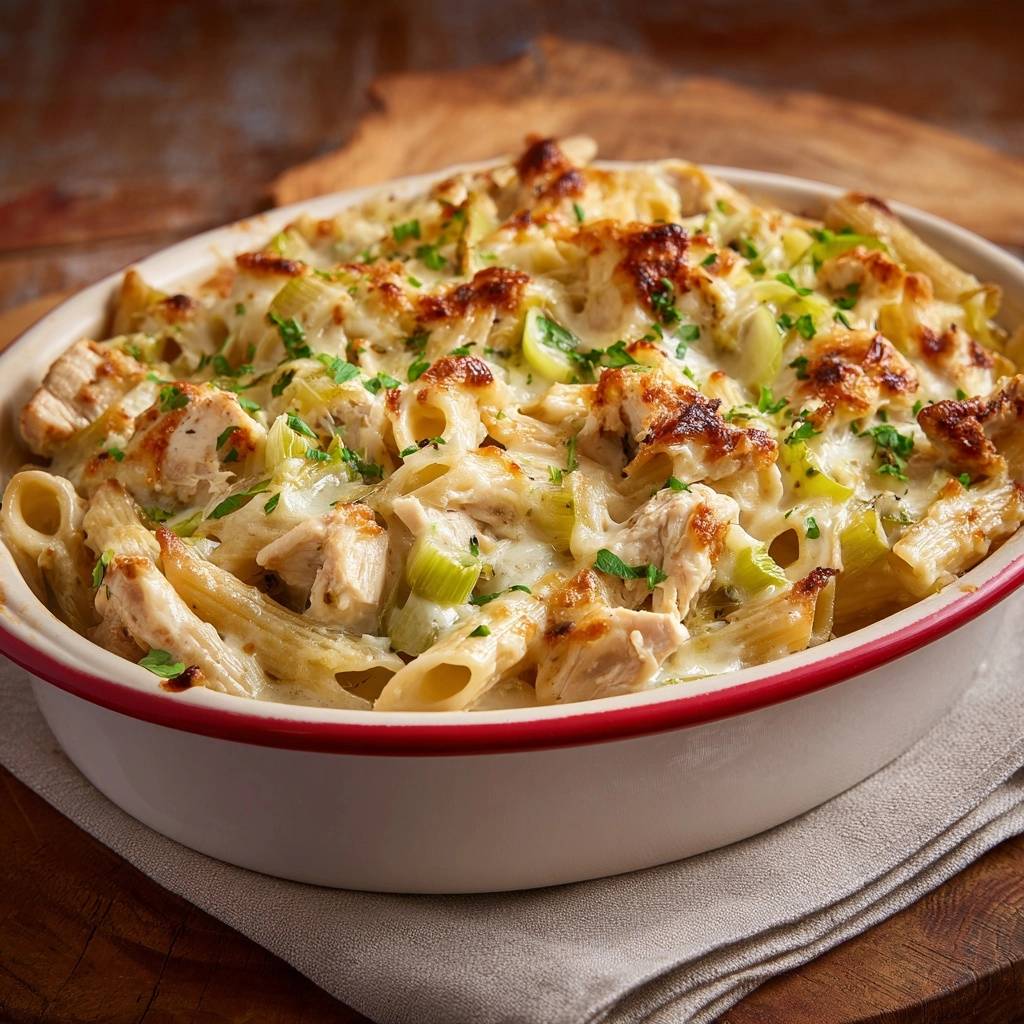 Cremiger Hähnchen-Penne-Auflauf mit geschmolzenem Käse und gebratenen Hähnchenstücken in einer Auflaufform.