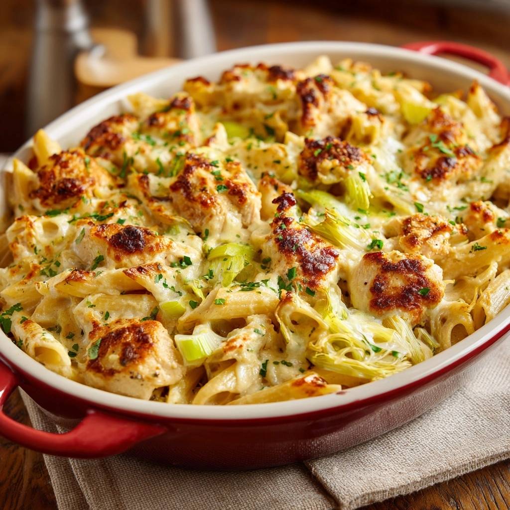 Cremiger Hähnchen-Penne-Auflauf, nahaufnahme des goldbraun überbackenen Auflaufs mit frischer Petersilie garniert