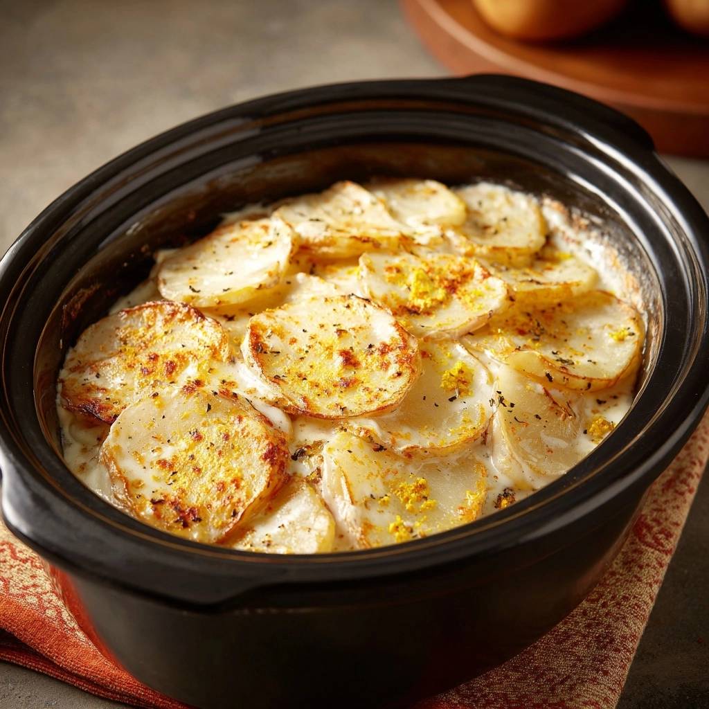 Cremiges Kartoffelgratin aus dem Slow Cooker, mit goldbraunen Kartoffelscheiben und Kräutern garniert, nahaufnahme