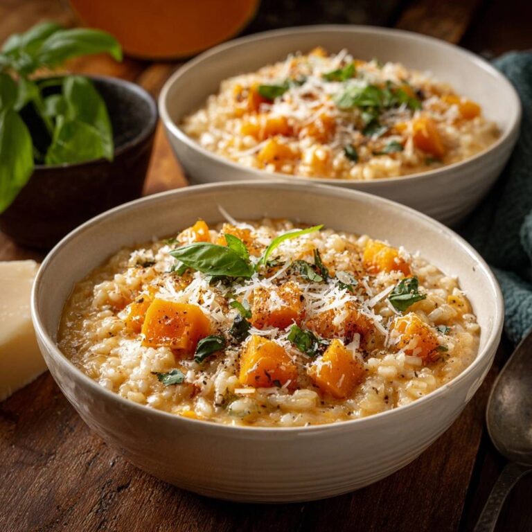 Cremiges Kürbis-Risotto mit frischem Basilikum und geriebenem Parmesan, detailreich garniert