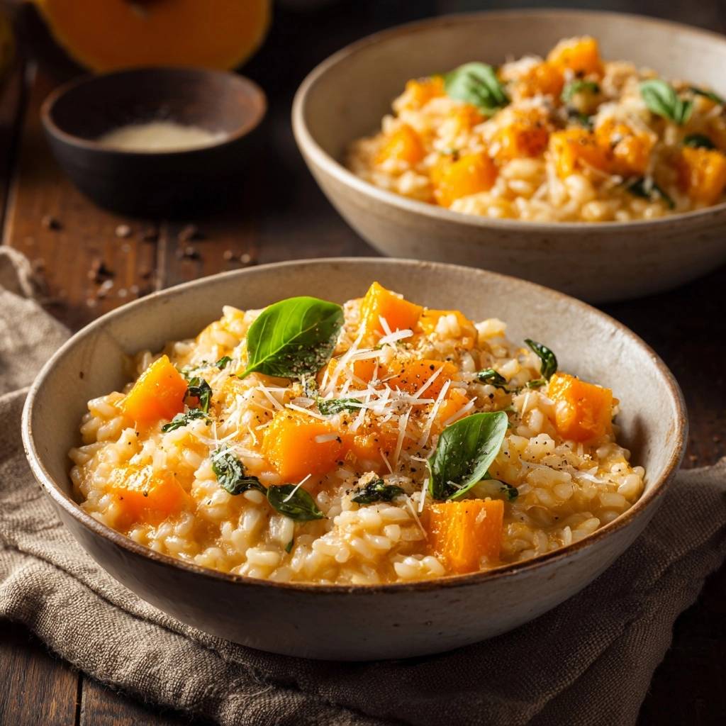 Cremiges Kürbis-Risotto mit frischen Kräutern und Parmesan, detailreich garniert für den perfekten Biss.