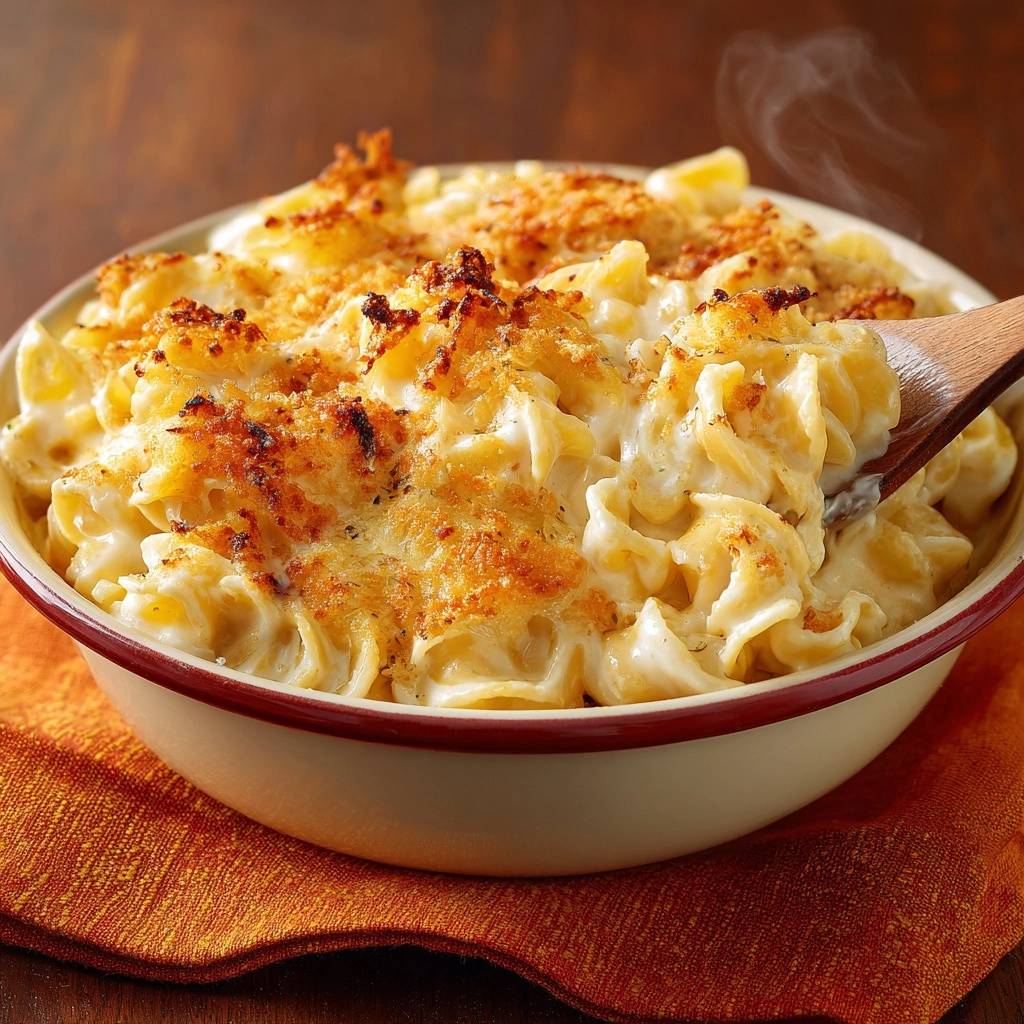 Cremige Mac und Cheese mit Knusperkruste, die mit einem Holzlöffel aus der Auflaufform geschöpft wird und Dampf aufsteigt.