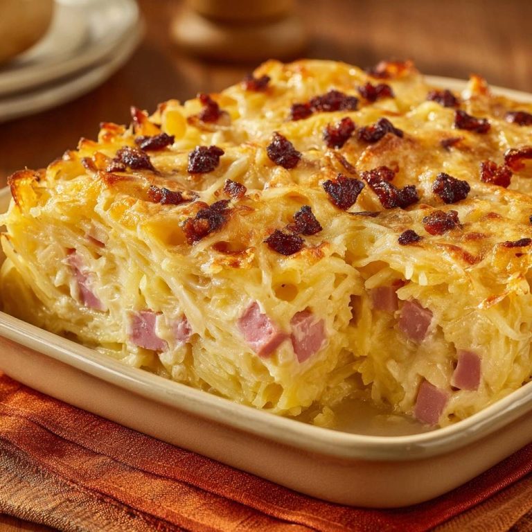 Cremiger Nudelauflauf mit Schinken im Anschnitt, gezeigt mit Schinkenstücken und Nudeln in cremiger Sauce.