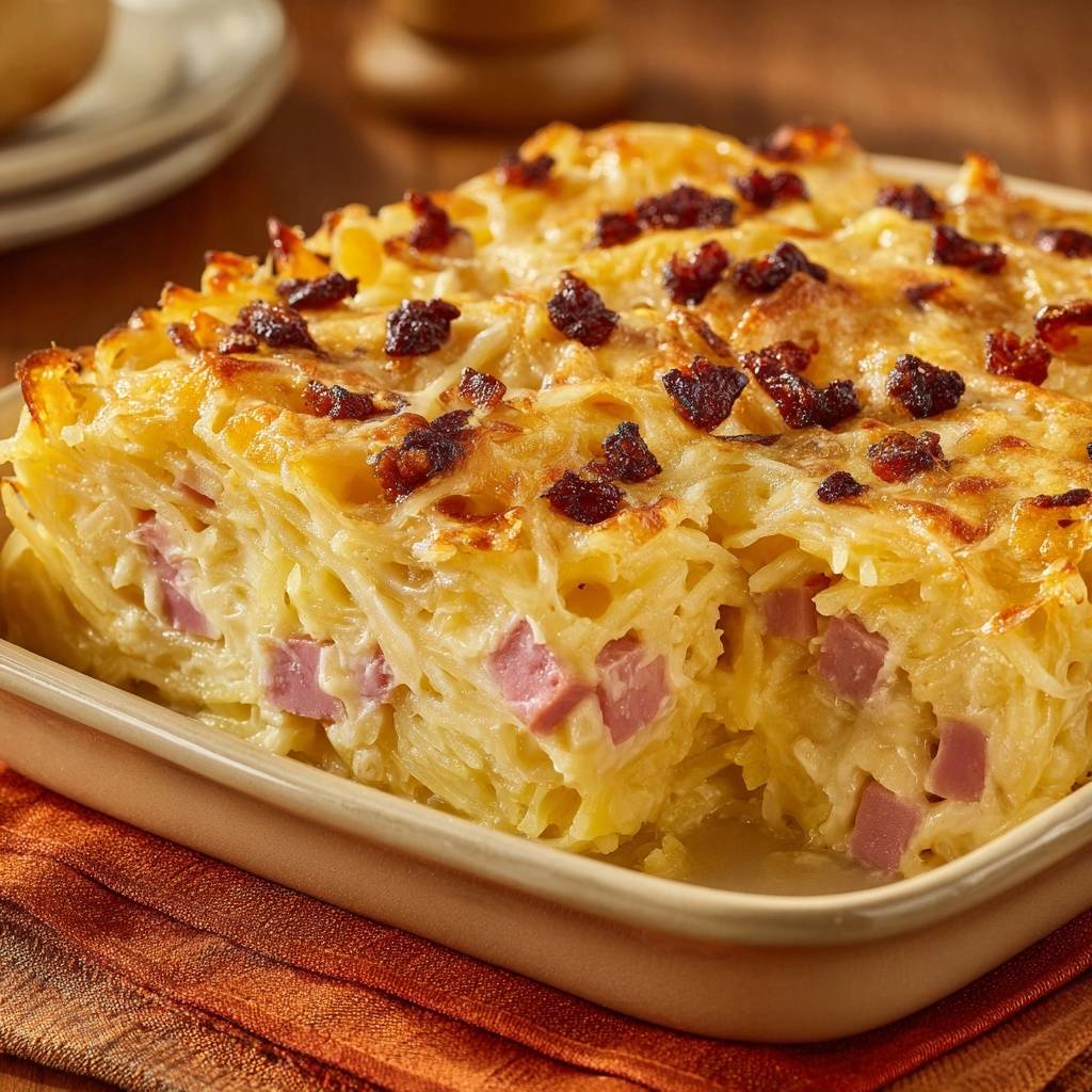 Cremiger Nudelauflauf mit Schinken im Anschnitt, gezeigt mit Schinkenstücken und Nudeln in cremiger Sauce.