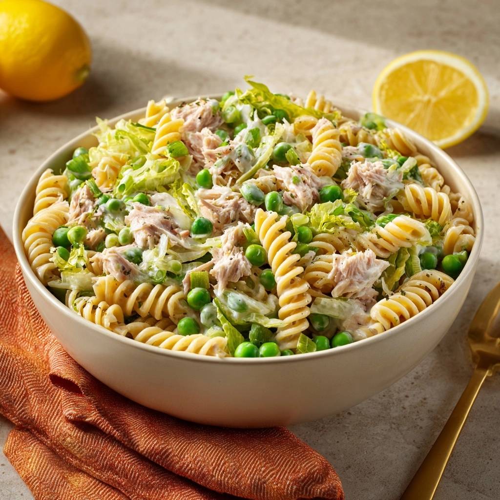 Cremiger Thunfisch-Nudelsalat in einer Schüssel mit Nudeln, Erbsen und Sellerie, nah aufgenommen