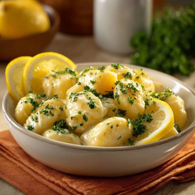 Cremige Zitronen-Gnocchi mit frischer Petersilie und Zitronenscheiben garniert in einer Schüssel