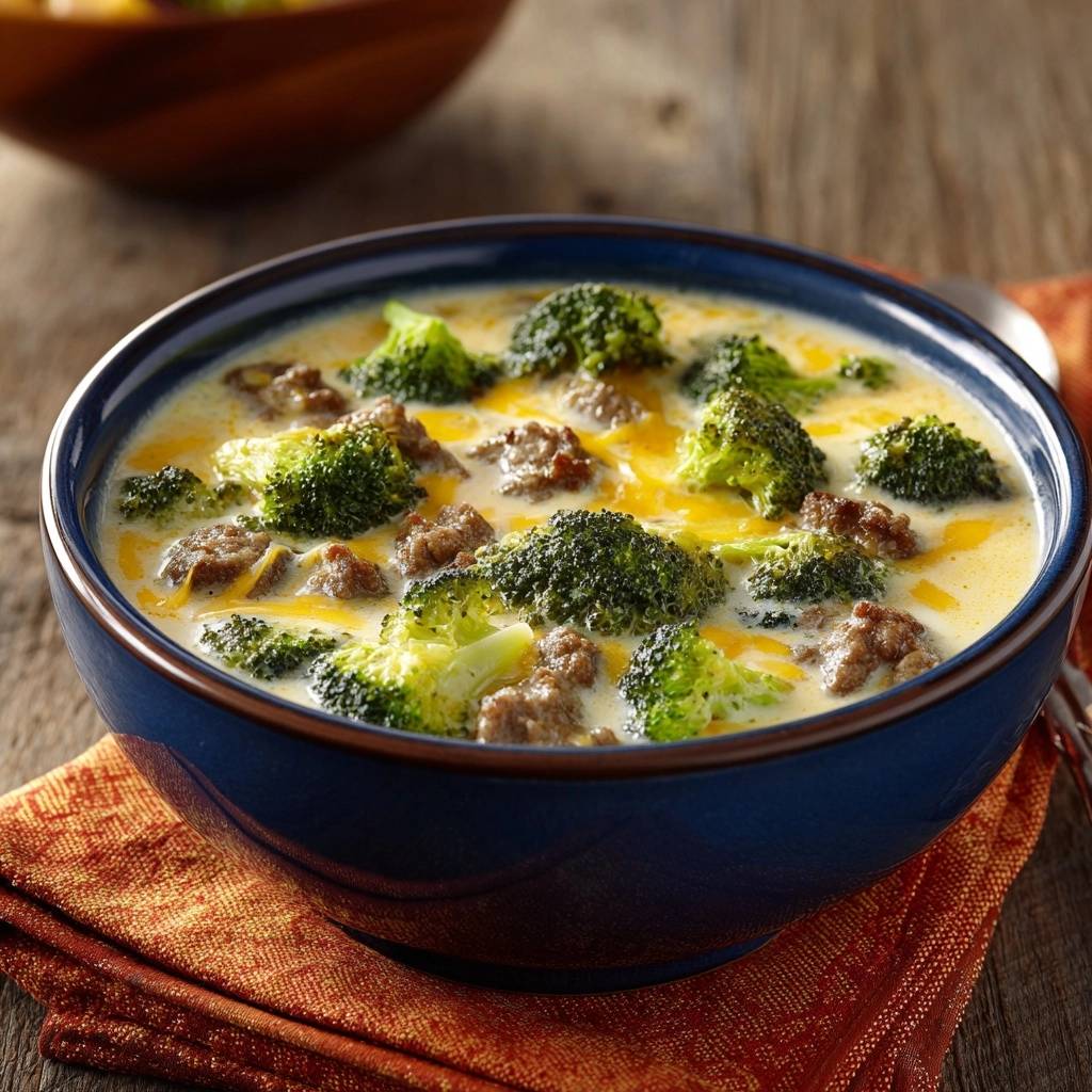 Cremige Brokkoli-Hackfleisch-Suppe mit geschmolzenem Käse in einer blauen Schüssel, Nahaufnahme