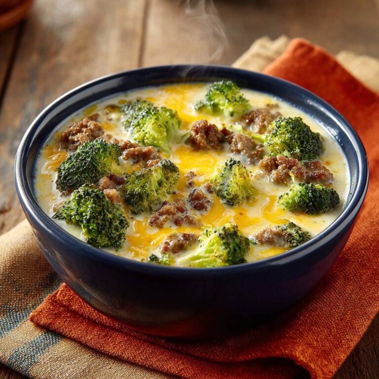 Cremige Brokkoli-Hackfleisch-Suppe mit Käse-Garantie, Nahaufnahme der dampfenden Suppe mit Brokkoliröschen und Hackfleischstücken.