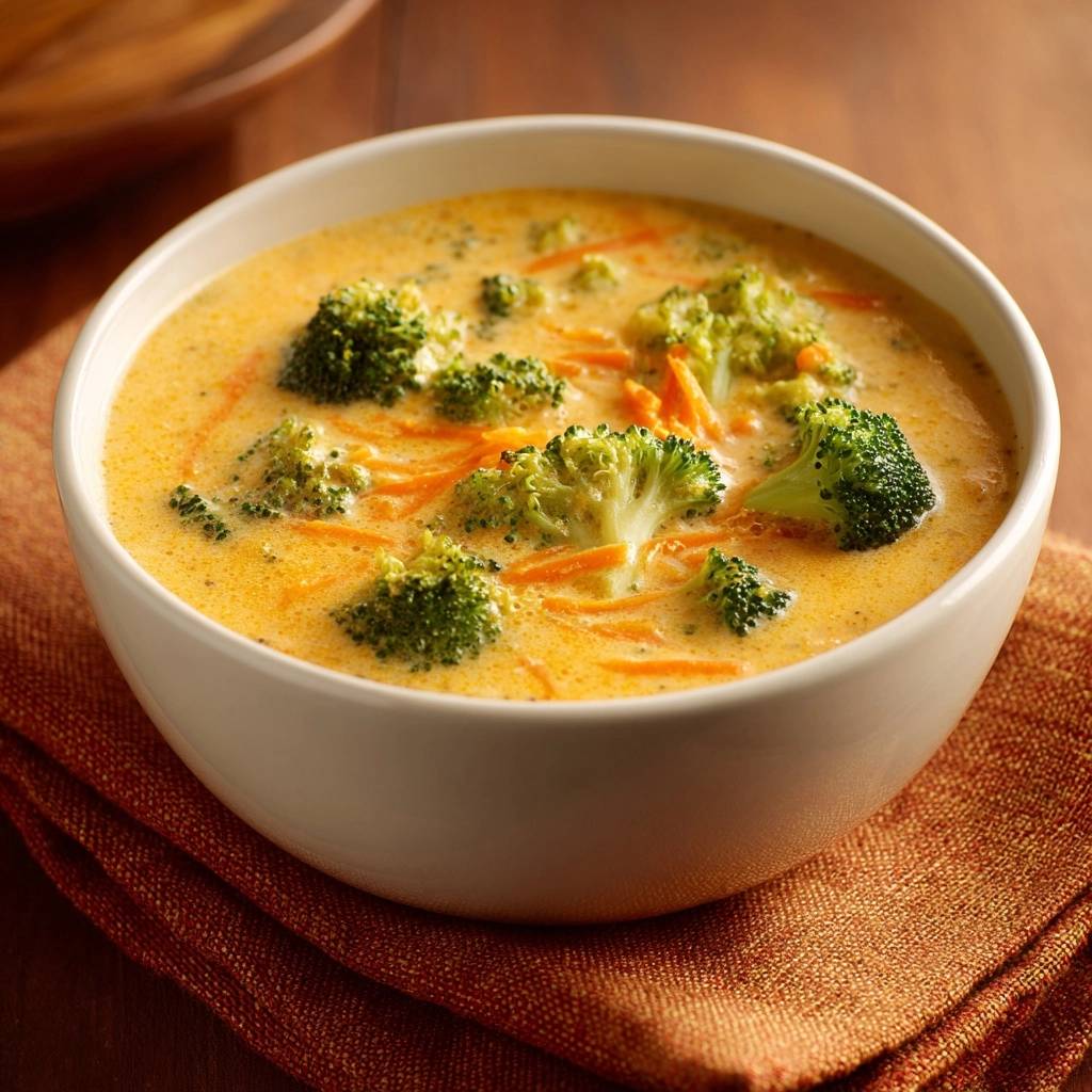 Cremige Brokkoli-Käse-Suppe in einer weißen Schüssel mit sichtbaren Brokkoliröschen und geriebenen Karotten, nahaufnahme