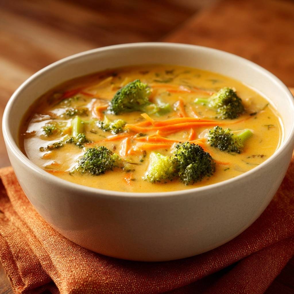 Cremige Brokkoli-Käse-Suppe mit sichtbaren Karottenstreifen und Brokkoliröschen in einer Schüssel, nahaufnahme.