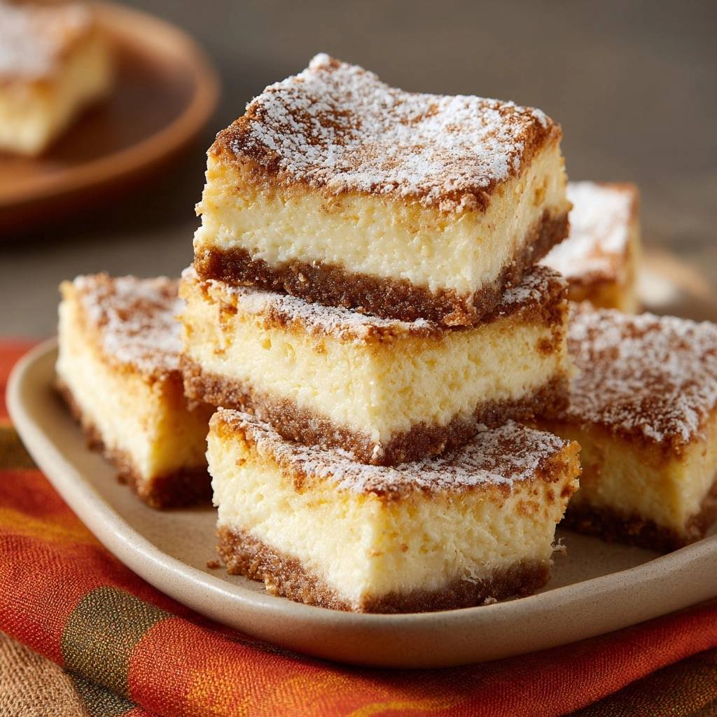 Cremige Cheesecake-Schnitten mit Zimt-Crunch, gestapelt auf einem Teller und mit Puderzucker bestäubt.