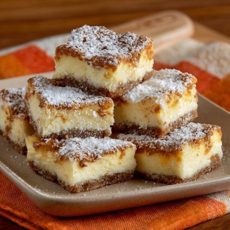 Cremige Cheesecake-Schnitten mit Zimt-Crunch, gestapelt auf einem Teller und mit Puderzucker bestäubt.