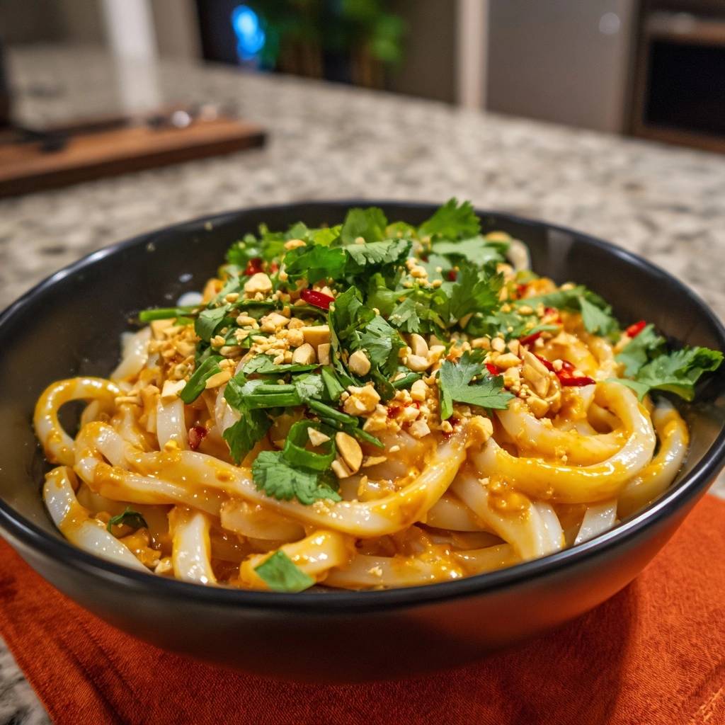 Cremige Erdnuss-Udon-Nudeln, garniert mit Koriander, Erdnüssen und Chili, in einer Schüssel serviert.