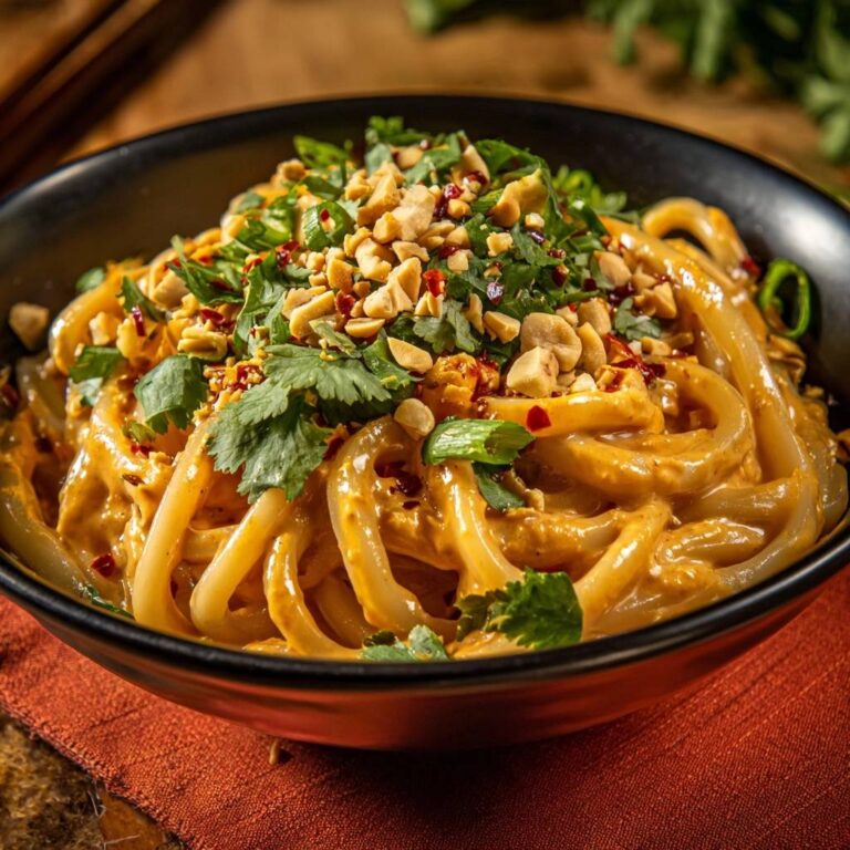 Cremige Erdnuss-Udon-Nudeln, garniert mit gehackten Erdnüssen und frischem Koriander in einer schwarzen Schüssel.
