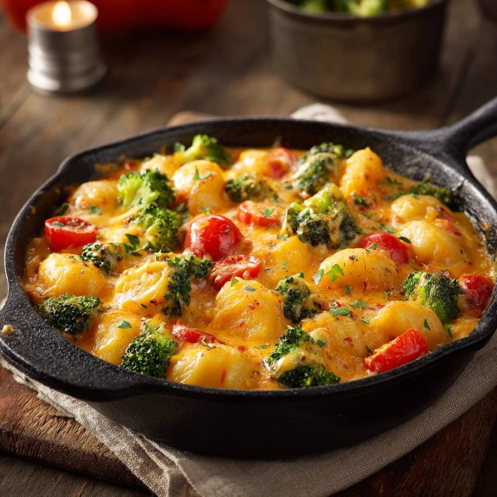 Cremige Gnocchi-Pfanne mit Brokkoli, nah aufgenommen in einer Gusspfanne mit geschmolzenem Käse und Kräutern.