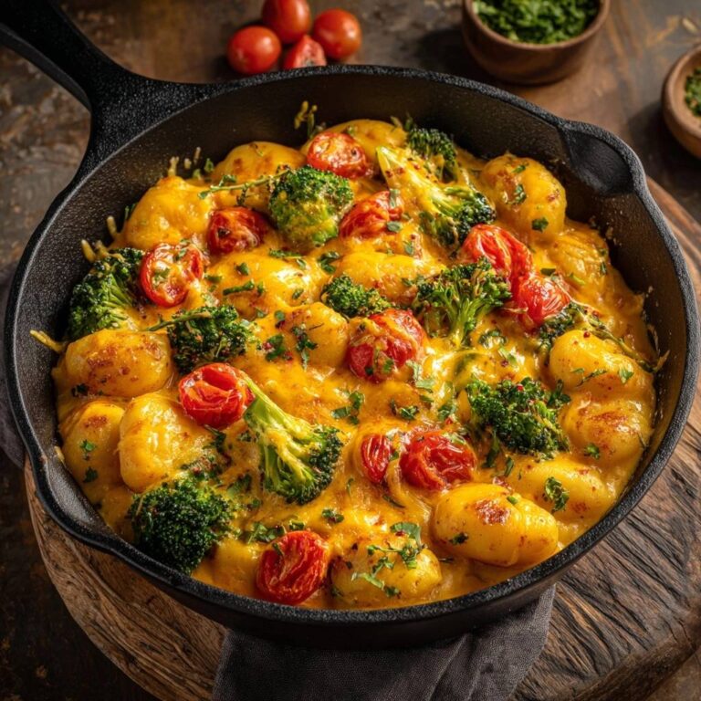 Cremige Gnocchi-Pfanne mit Brokkoli und Kirschtomaten, überbacken mit Käse, in einer gusseisernen Pfanne serviert.