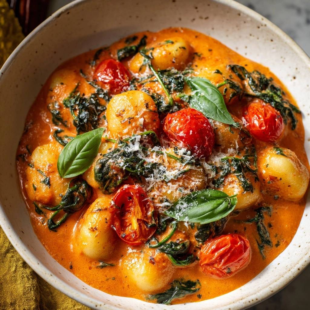 Cremige Gnocchi-Pfanne mit Tomaten und Spinat, serviert in einer Schüssel mit frischem Basilikum und geriebenem Parmesan.