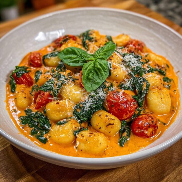 Cremige Gnocchi-Pfanne mit Tomaten und Spinat, nahaufnahme der Gnocchi in der cremigen Sauce mit Basilikum und Parmesan.