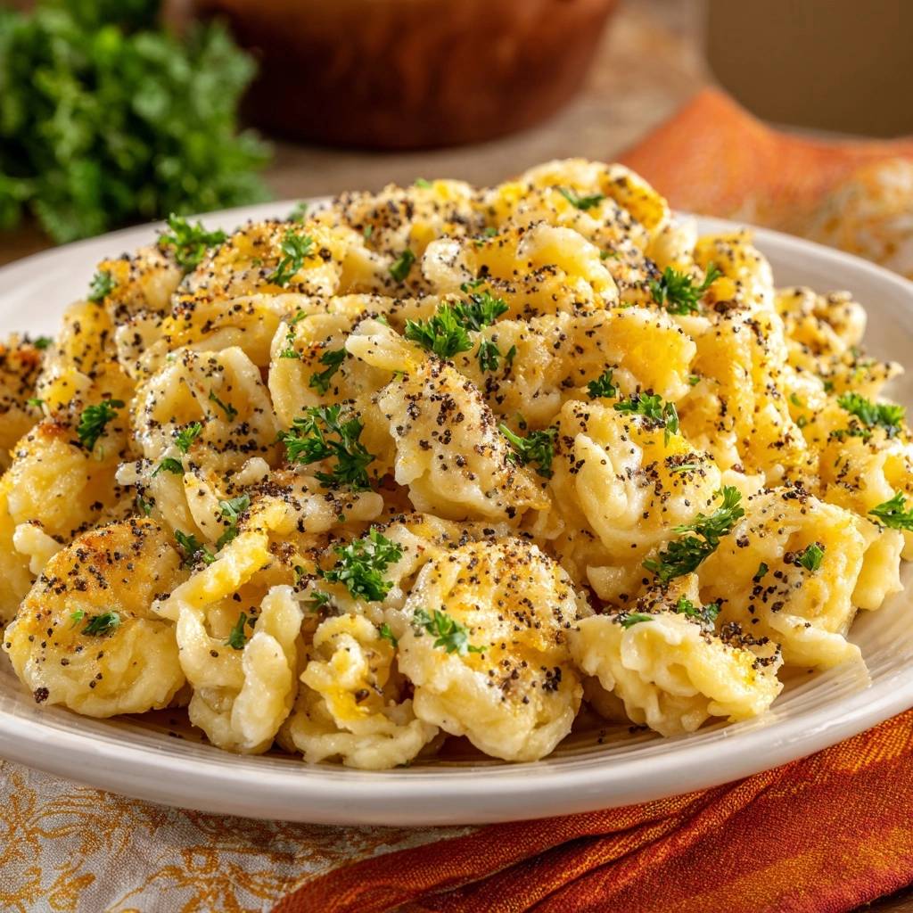 Cremige Käsespätzle mit Mohn-Crunch als Nahaufnahme mit frischer Petersilie garniert auf einem weißen Teller.