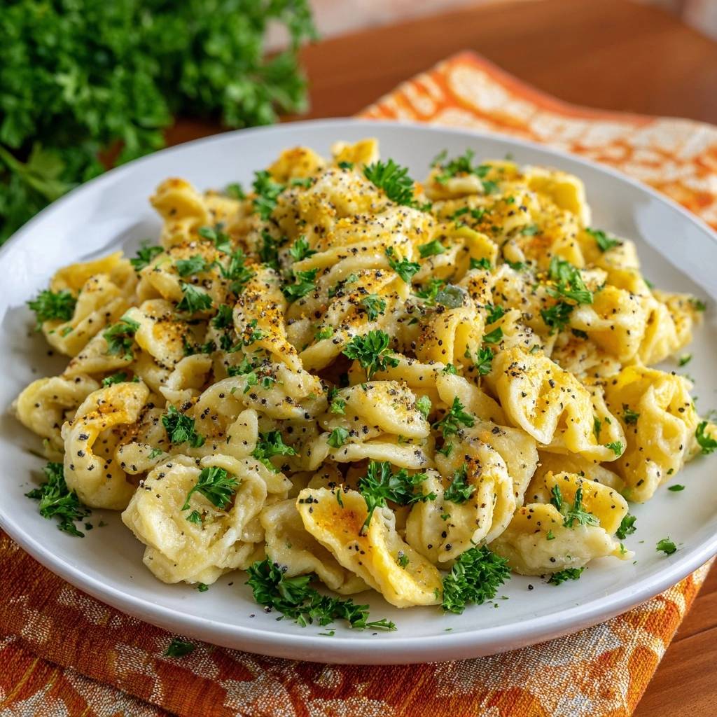 Cremige Käsespätzle mit Mohn-Crunch, serviert auf einem Teller und garniert mit frischer Petersilie.