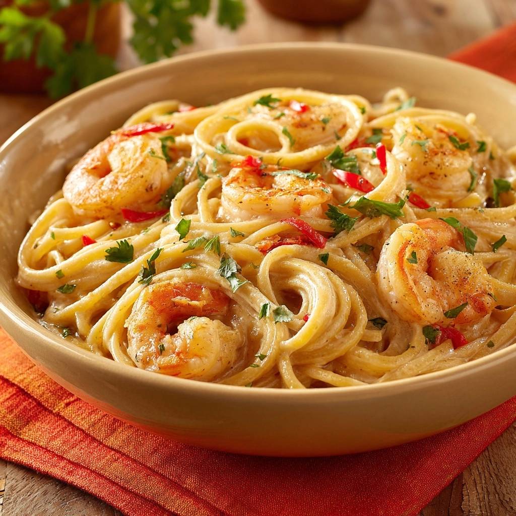 Cremige Knoblauch-Garnelen-Pasta mit Garnelen, Petersilie und roten Chilistücken in einer Schüssel, nahaufnahme