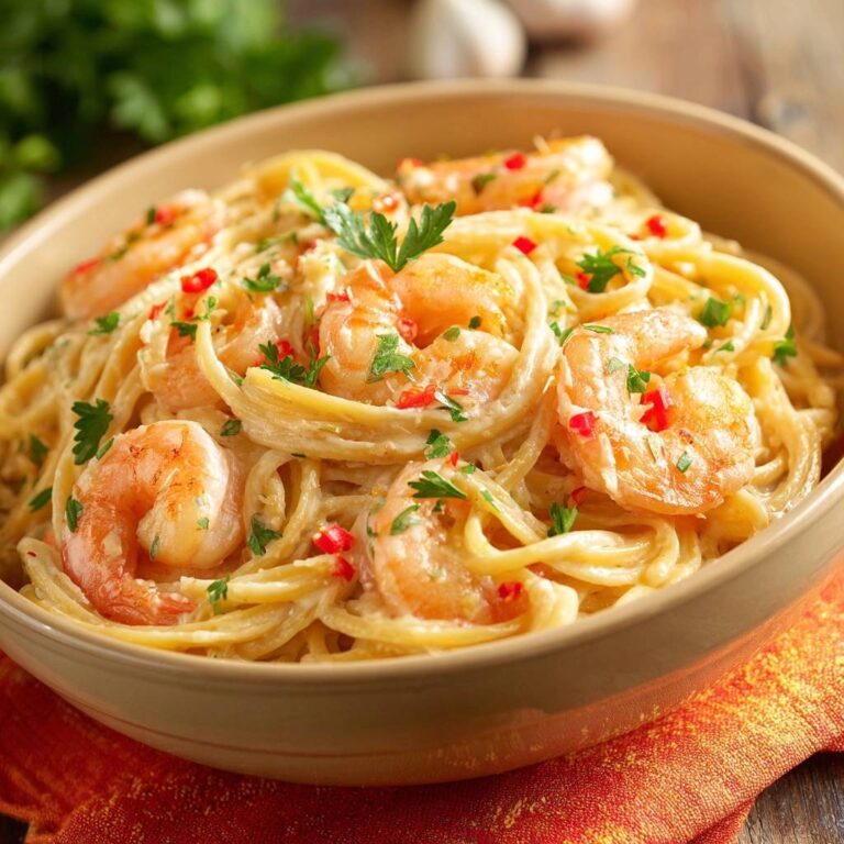 Cremige Knoblauch-Garnelen-Pasta als Nahaufnahme im Teller mit frischer Petersilie und Chili garniert