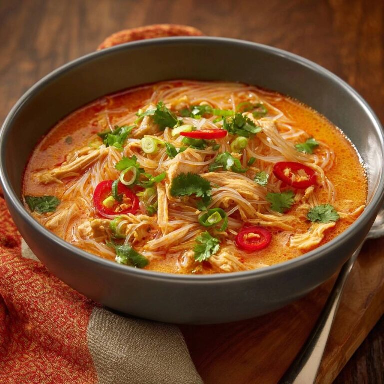 Cremige Kokos-Curry-Suppe mit Hähnchen, garniert mit frischen Kräutern und Chilis, in einer Schüssel serviert.