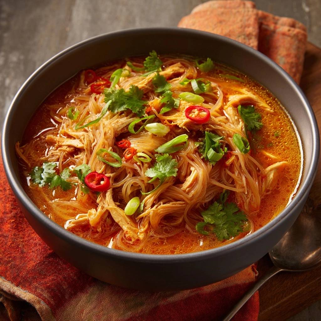 Cremige Kokos-Curry-Suppe mit Hähnchen, nah aufgenommen mit frischer Koriander- und Chiligarnitur.