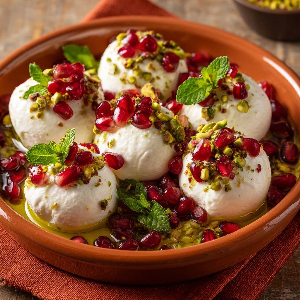 Cremige Labneh-Bällchen mit Granatapfel und Pistazien, garniert mit frischer Minze in einer Tonschale.